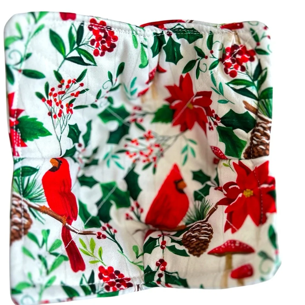 HAND CRAFTED Colorful Cotton Fabric Red Cardinals Fabric Trinket Basket Bowl